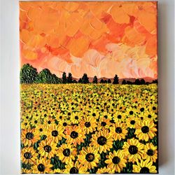 Landscape field sunflowers painting Nature wall decor painting on canvas Sunflowers impasto painting artwork