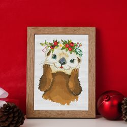 Christmas otter, Cross stitch pattern, Animal cross stitch, Christmas cross stitch, Deer cross stitch, Christmas xstitch