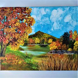 Autumn Landscape Original Painting Nature impasto Painting on Canvas Autumn Texture Painting Wall Decor Trees painting