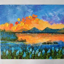 Landscape original painting Sunset texture painting Blue flowers impasto painting floral wall decor Wildflowers art