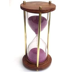 nautical wooden and brass sand timer hour glass 5 minutes sandglass antique nautical decor theme, height 6 inches 5 min.