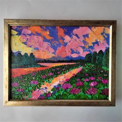 Landscape original painting on canvas Sunset painting wall decor Water lilies pond impasto painting Pink lotuses artwork