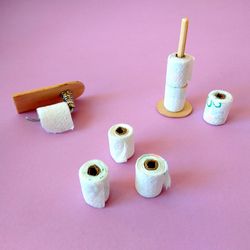 Miniature dollhouse toilet paper rolls set with stand or holder. 1/6 scale Barb BJD dolls bathroom Quarantine 1:4 tissue
