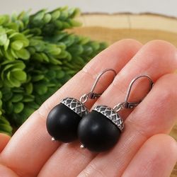 Silver Acorn Earrings Matte Black Glass Earrings Dangle Drop Lever back Earrings Woodland Forest Earrings Jewelry 7693