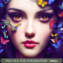 fabulous woman with butterfly print.woman with butterfly art.woman portrait with butterflies.butterfly png.butterfly.