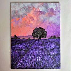 Landscape painting Lavender textured painting Floral impasto painting artwork Field original painting wall decor canvas