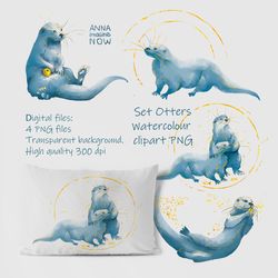 cute watercolour otters digital clipart png sea river animals print creature