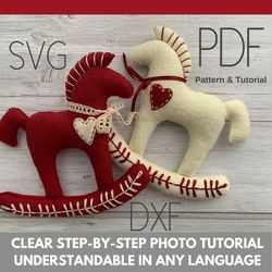 Rocking horse ornament, felt pattern, Scandinavian folk art, felt Christmas PDF SVG