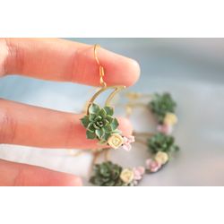 Green moon succulent earrings. Succulent dangle earrings. Plant jewelry.