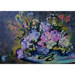 Peony Painting Bouquet Art Still Life Artwork Large Wall Art Canvas Oil Painting