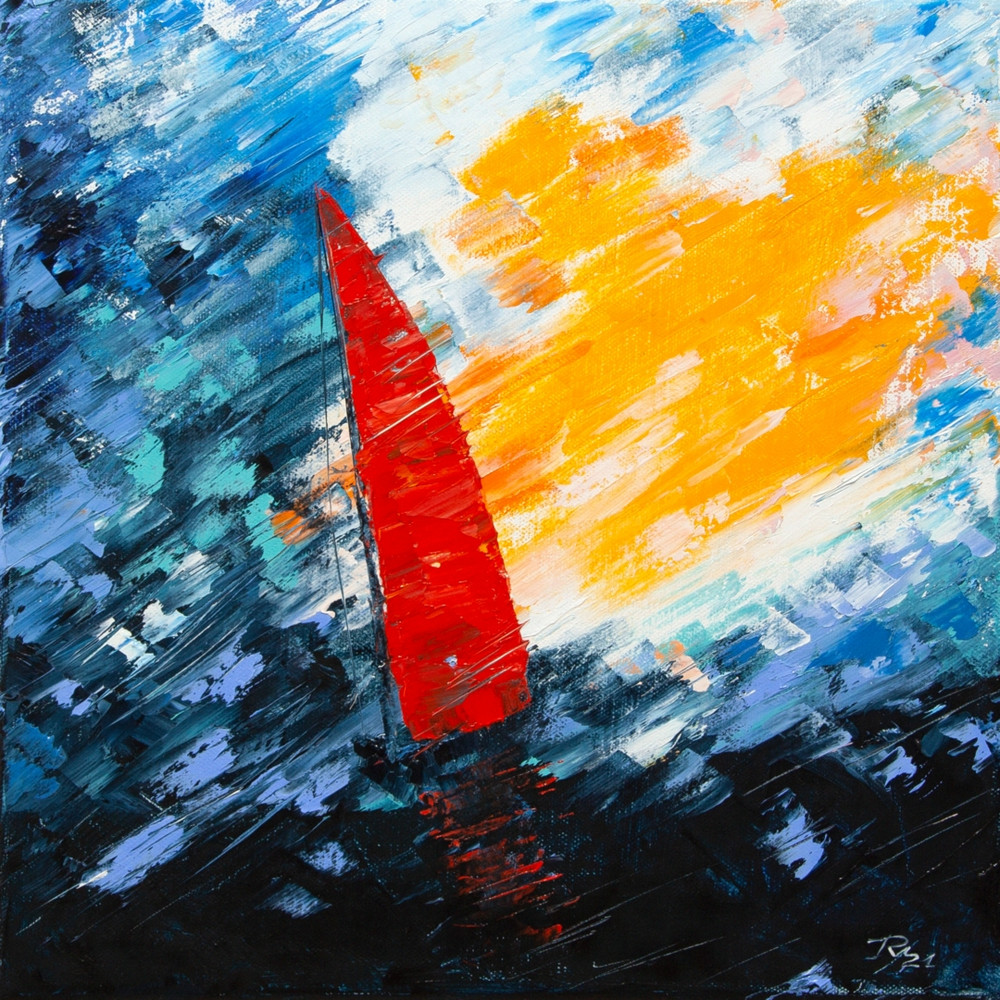 Sailboat-series-Red-corneryacht-sailboat-sea-painting-interior-red-boat-expressionism-Oil-painting-Fine-Art-Modern-Paintings-sunset-MikePhil-sea-oil-painting-Mi