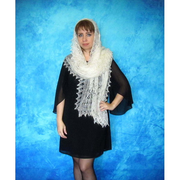 White embroidered scarf, Lace Russian Orenburg shawl, Hand knit wool wrap, Warm bridal cape, Goat down cover up, Handmade stole, Kerchief, Gift for a woman 6.JP
