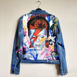 david bowie painted denim jacket custom jacket portrait from photo personalized order blue denim jacket shirt gift