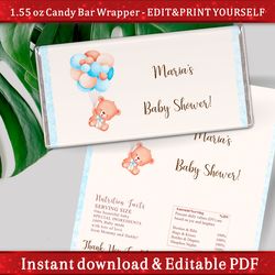 EDITABLE Bear Boy Beige and Blue Balloon Hershey Wrapper, Chocolate Bar Wrappers 1.55 oz. Candy Bar, Instant Download/