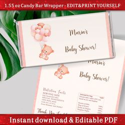 EDITABLE Bear Girl Beige and Pink Balloon Hershey Wrapper, Chocolate Bar Wrappers 1.55 oz. Candy Bar, Instant Download
