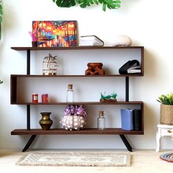 Miniature industrial modern bookcase, dollhouse furniture 1:6 scale wooden S-shaped geometric 4-tier bookshelf display s