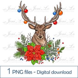 christmas deer poinsettia 1png file merry christmas clipart christmas reindeer design christmas flower digital download