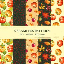 Seamless pattern with pumpkin, apple, leaves, brunch rosehip, mushroom.