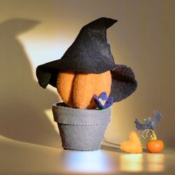 Fake cactus plant, Pumpkin in witch hat for halloween, cottagecore decor