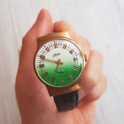 ZIM Pobeda Soviet watch green white dial - wind up mens wrist watch 16 jewels vintage