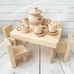 Dollhouse miniatures - wooden furniture Set: table, chairs, cups, saucers.