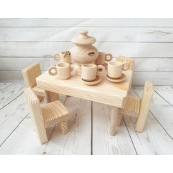 Dollhouse miniatures - wooden furniture Set: table, chairs, cups, saucers.