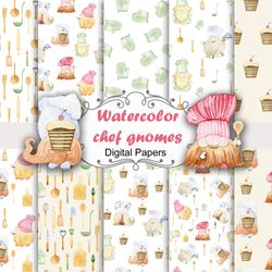 watercolor chef gnome paper, seamless patterns.