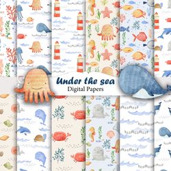 Watercolor sea animals papers, sea life, seamless patterns.