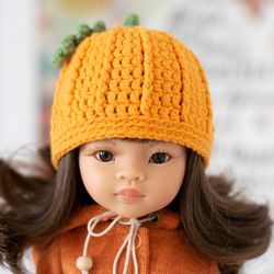 Orange pumpkin hat for Paola Reina doll, Meadowdolls Dumplings, Little Darling, Siblies, doll accessories for Halloween