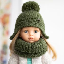 Green hat with pompom and snood for Paola Reina doll, Meadowdolls Dumplings, Little Darling, Siblies, doll accessories