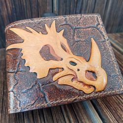 Dinosaur skull wallet, hand tooled, painted and stitched men bifold leather wallet with dinosaur fossils, custom wallet
