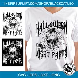 Halloween night party with skull t shirt design vector svg.