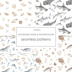 underwater world. watercolor seamless pattern. digital paper with marine animals, fish, algae, corals, shells. digital