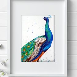 8x11 inch Watercolor original peacock bird room wall home decor painting by Anne Gorywine