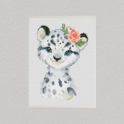 Snowy leopard, Cross stitch, Animal cross stitch, Counted cross stitch, Arctic animal, Nursery cross stitch