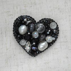 Black heart jewelry, heart brooch, pearl brooch on a coat, beaded embroidered heart, pearl brooch, beaded heart