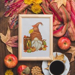 Autumn gnome, Fall cross stitch, Gnome cross stitch, Pumpkin cross stitch, Leaves cross stitch, Thanksgiving day