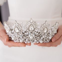 Wedding crown, Bridal white tiara crystal, Wedding pearls tiara, Bridal crown, Royal tiara for bride, Luxury diadem