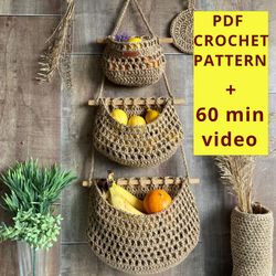 PDF Pattern Crochet basket Easy crochet pattern Hanging fruit basket Crochet tutorial Kitchen storage Wall decor Gift