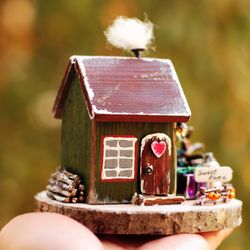 Green christmas village house 4" where love lives. Small wooden house. Merry christmas gift