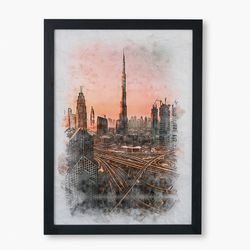 digital dubai watercolor, printable burj khalifa, wall decor, digital painting, printable watercolor, digital download