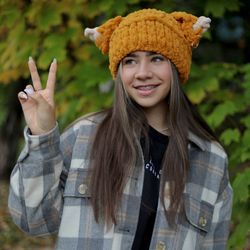 Original puffy fluffy cute hand knitted beanie hat with FOX ears kawai anime hat free shipping many colors