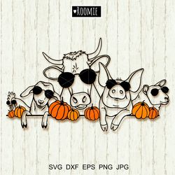 Halloween Autumn Farm Animals With Pumpkins and sunglasses Svg, Fall Farmhouse Sign