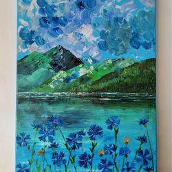 Mountain landscape painting wall decor Mountain lake impasto painting original artwork Mountains texture art canvas