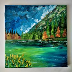 Landscape original painting Mountain landscape painting Lake impasto painting artwork Autumn painting canvas art