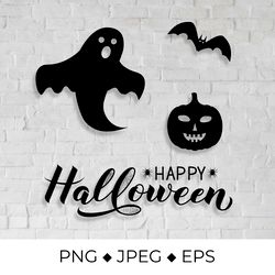 Happy Halloween lettering with silhouette of pumpkin, bat, ghost and spiders SVG