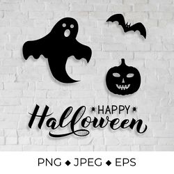 happy halloween lettering with silhouette of pumpkin, bat, ghost and spiders svg