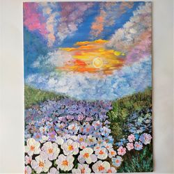 Sunset original painting Landscape painting wall art White flowers impasto painting floral wall decor Wildflowers art