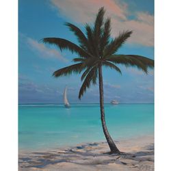 palm tree painting beach canvas oil painting 16 by 20 seascape original art sailboat artwork