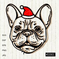 Christmas French bulldog with Santa hat, Frenchie svg, Dog face svg, Pet portrait Vector Cut file Cricut Silhouette /10